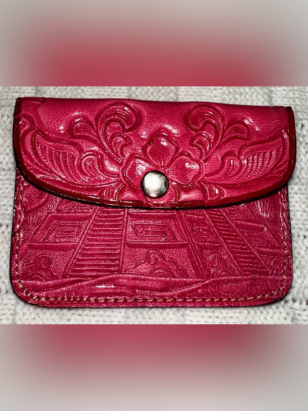 Leather Women's Embossed Floral Coin/card holder- Hot Pink
